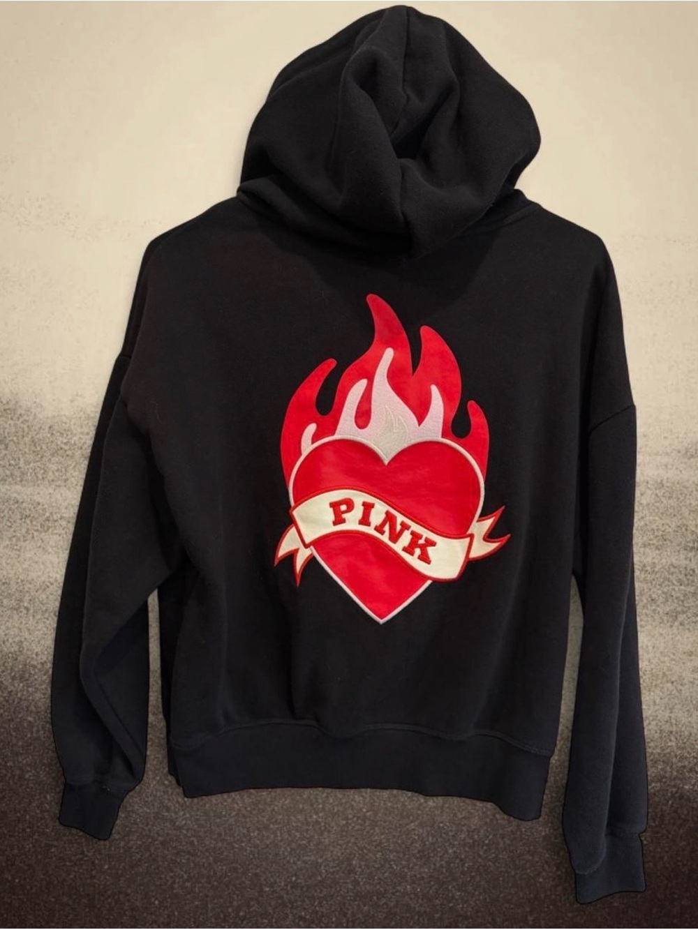PINK Black Hoodie with Red Flame Heart Logo